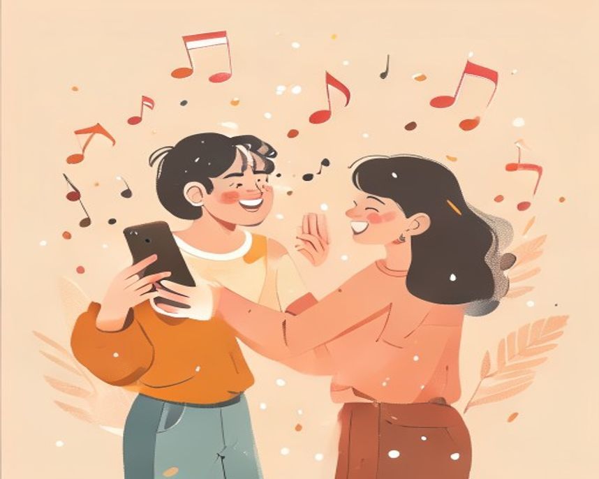 Two friends sharing a personalized song from a phone, music notes floating around them