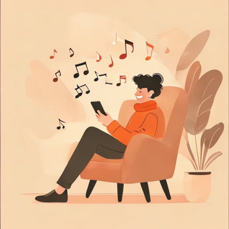 Someone smiling at their phone as a song plays